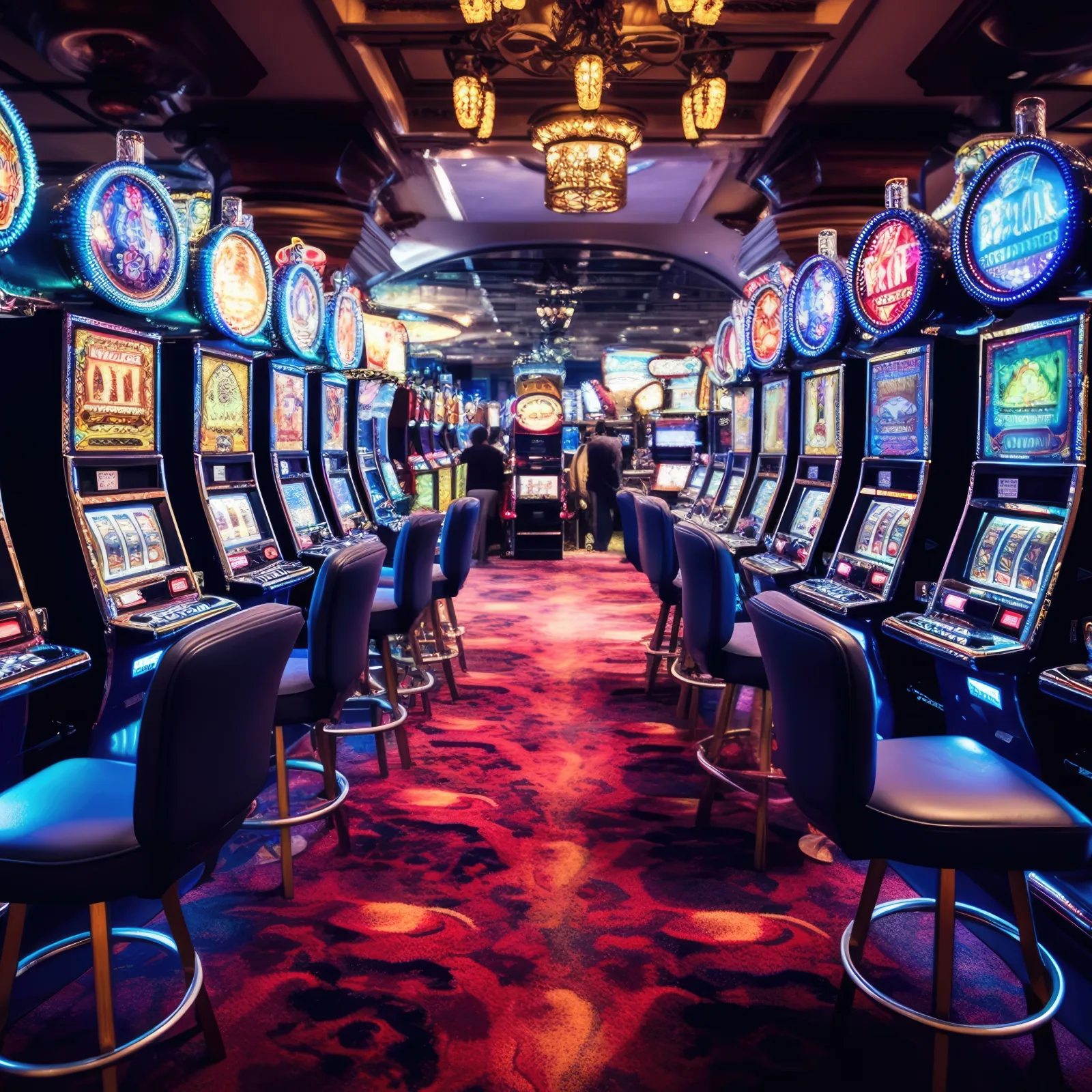 Rows of illuminated slot machines with chairs in a casino featuring vibrant red carpet and ornate ceiling lights