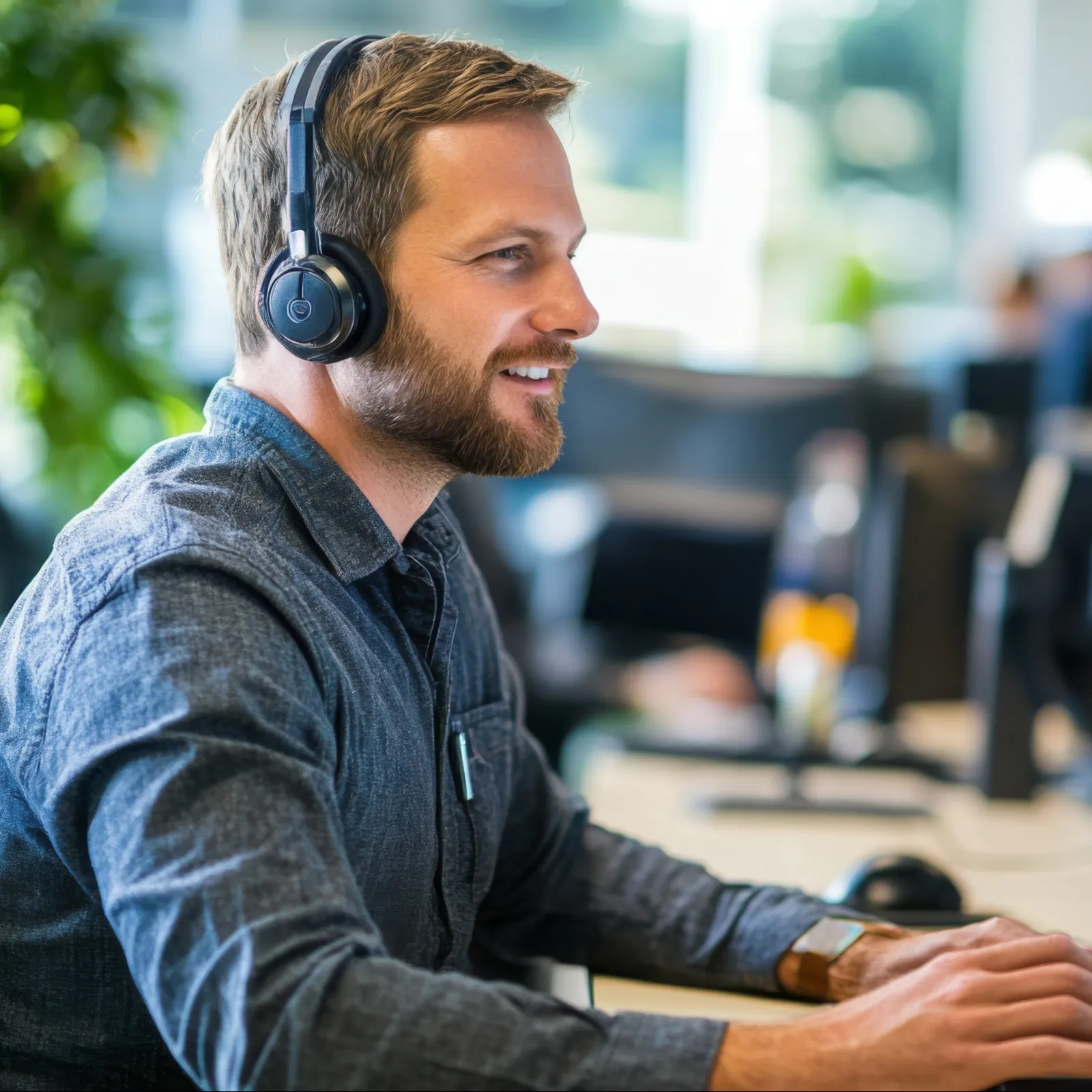 Man wearing headphones working on computer with dual monitors in a modern office setting.