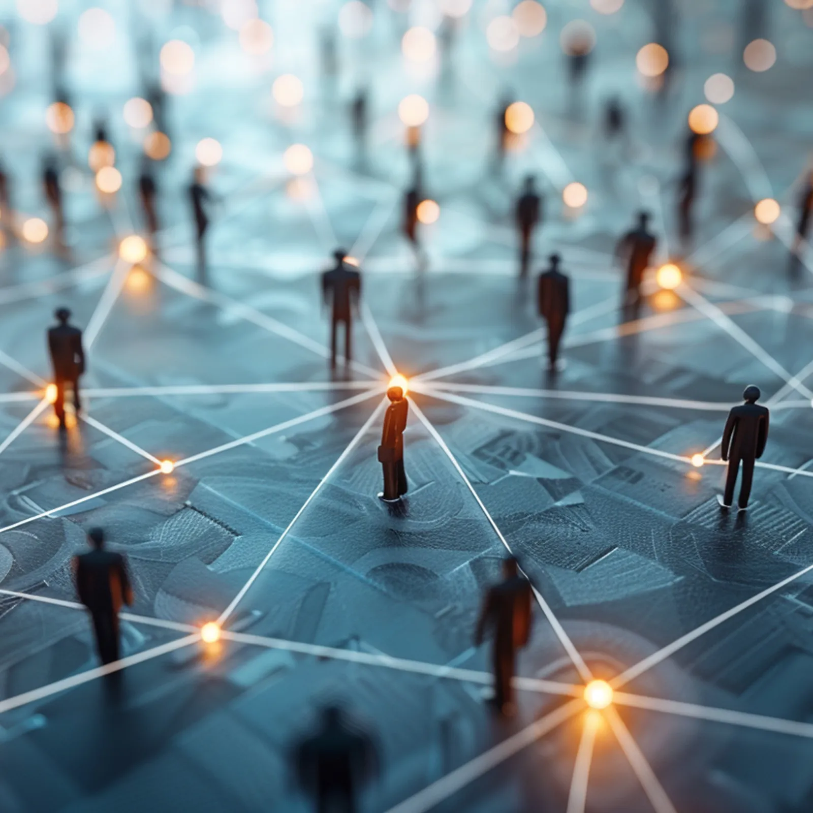 Silhouettes of people connected by a digital network grid representing social and data connections.