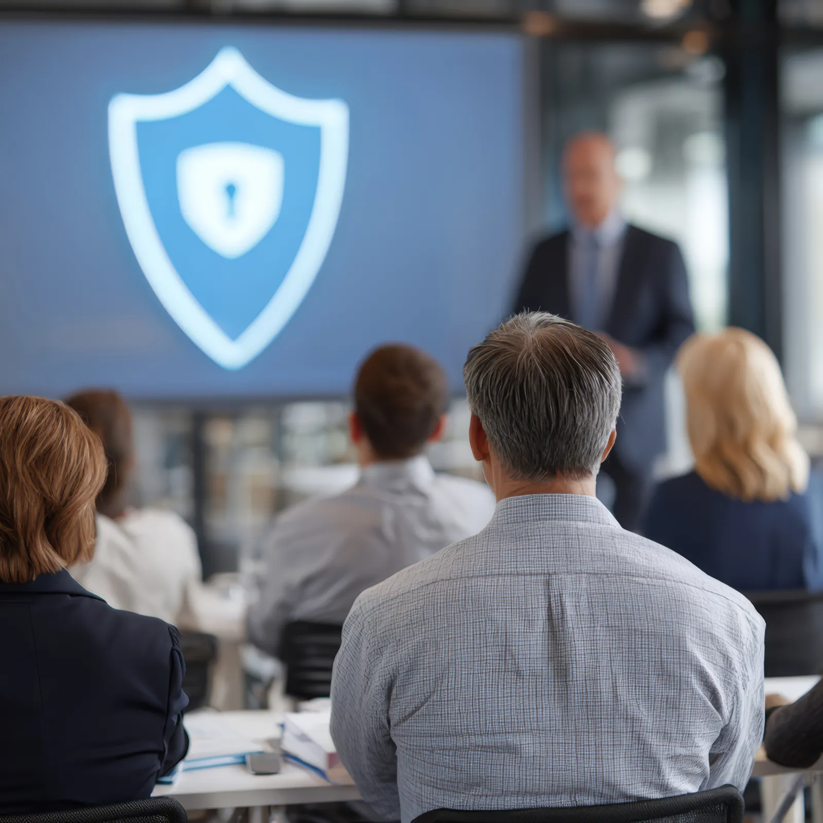 Business professionals attend a cybersecurity presentation featuring a shield lock icon on a screen in a modern office.