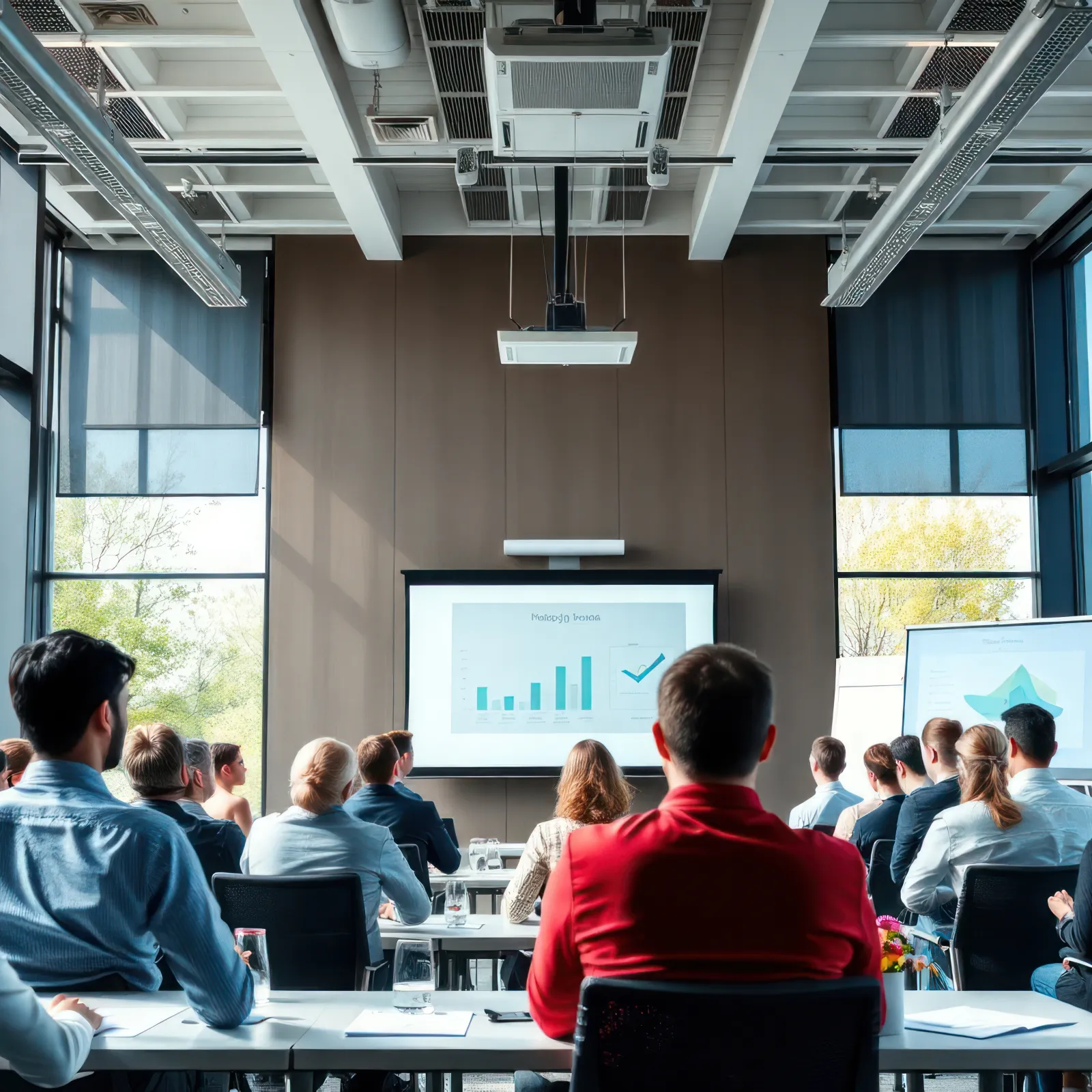 Business professionals attending a conference room presentation with charts displayed on screens.