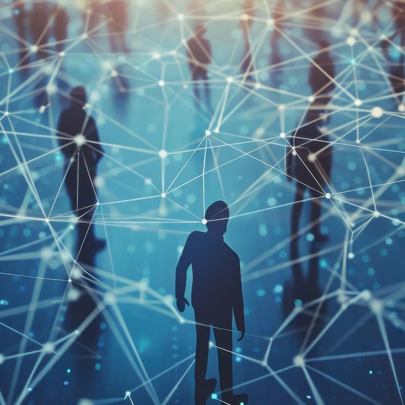 Silhouettes of people connected by a digital network grid representing social and data connections.