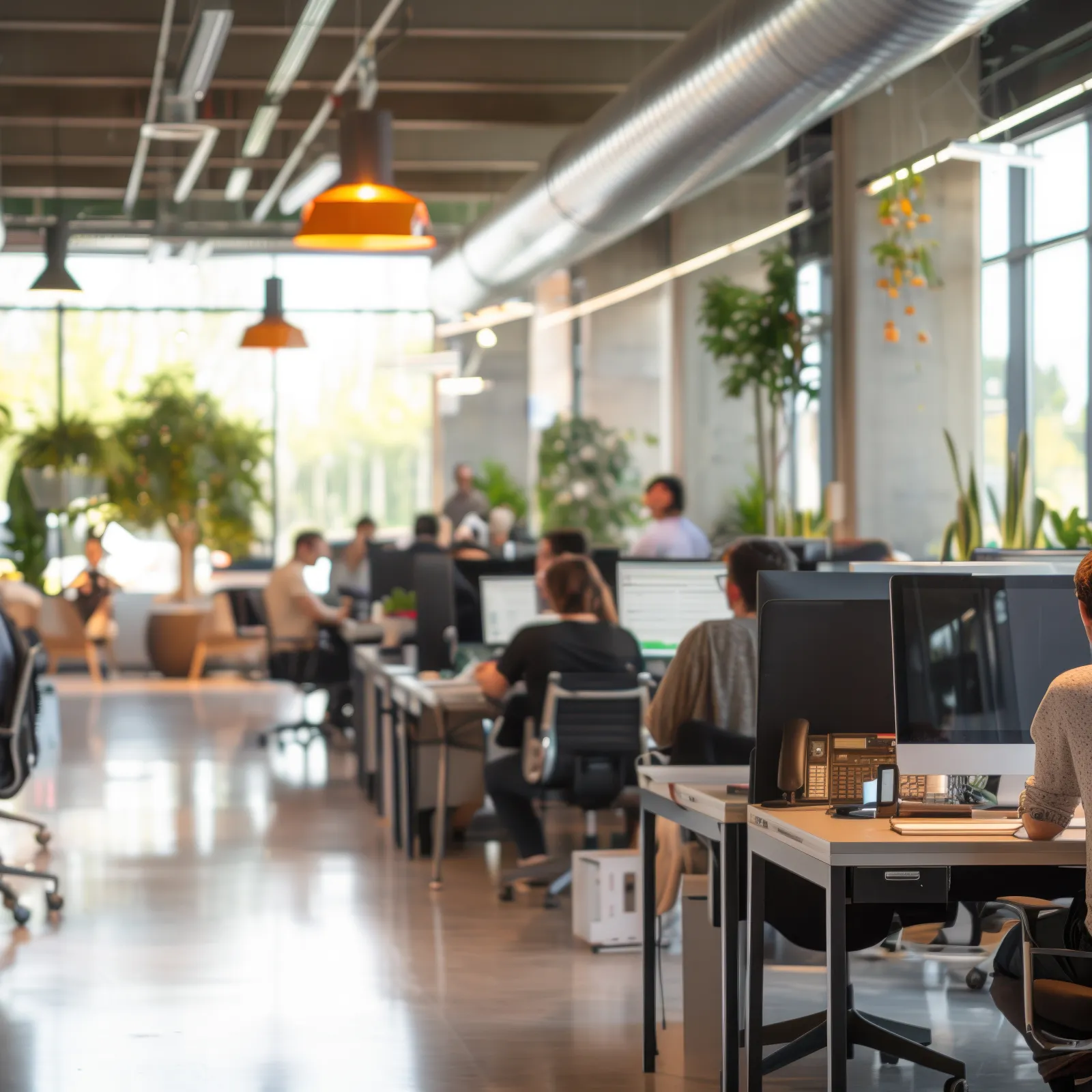 Modern open office with employees working at desks, computers, and greenery enhancing the bright workspace.