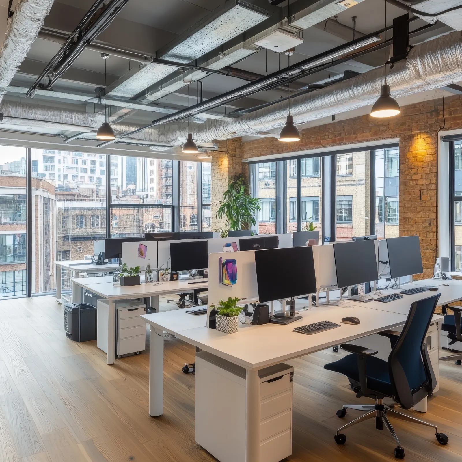 Modern open-plan office with desks, computers, ergonomic chairs, large windows, and exposed brick walls.