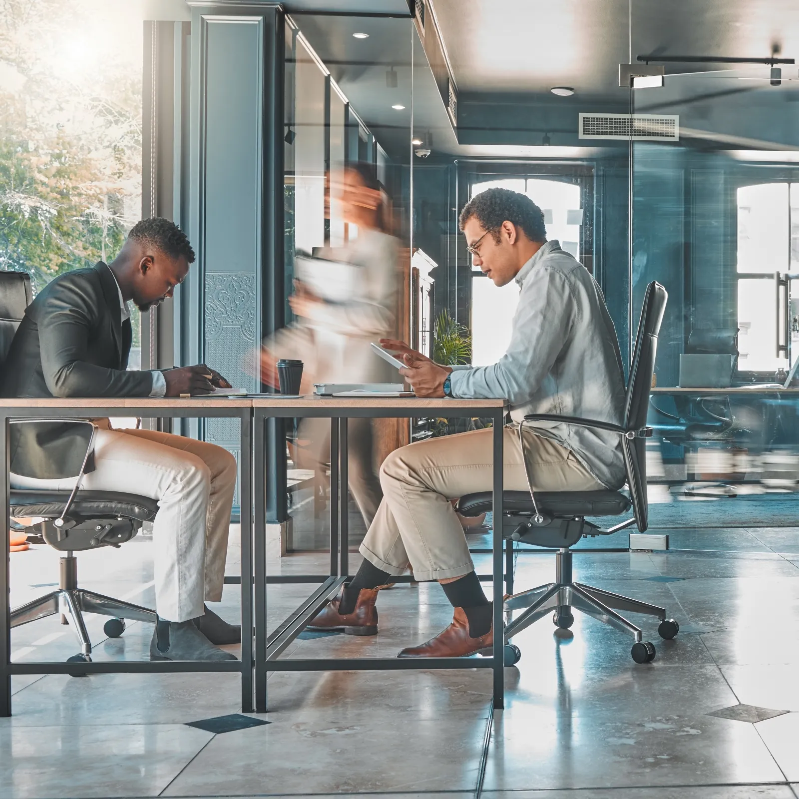 Diverse professionals working on laptops in a modern glass-walled office with natural light and plants.