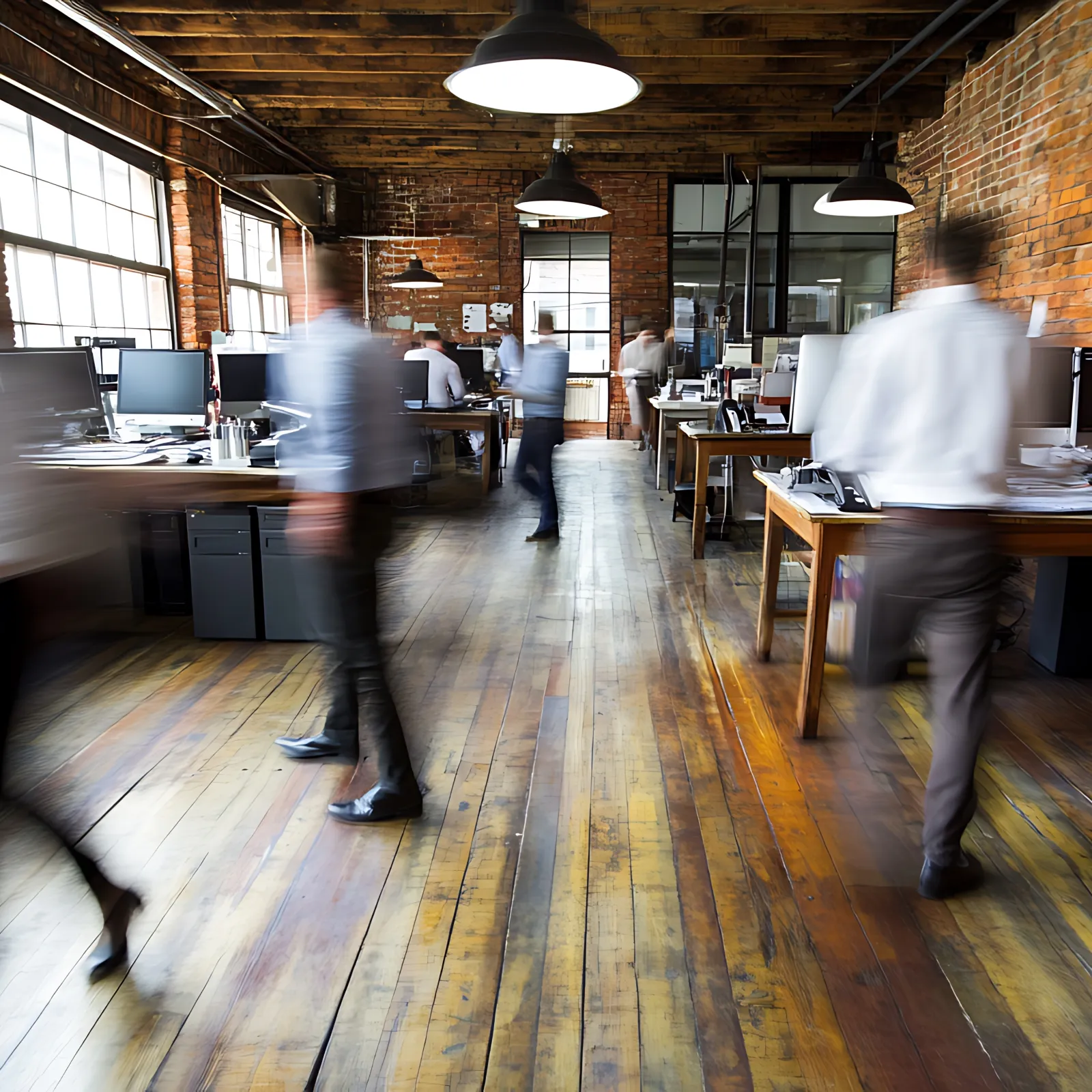 Busy modern office with wood floors and brick walls featuring blurred professionals moving between desks