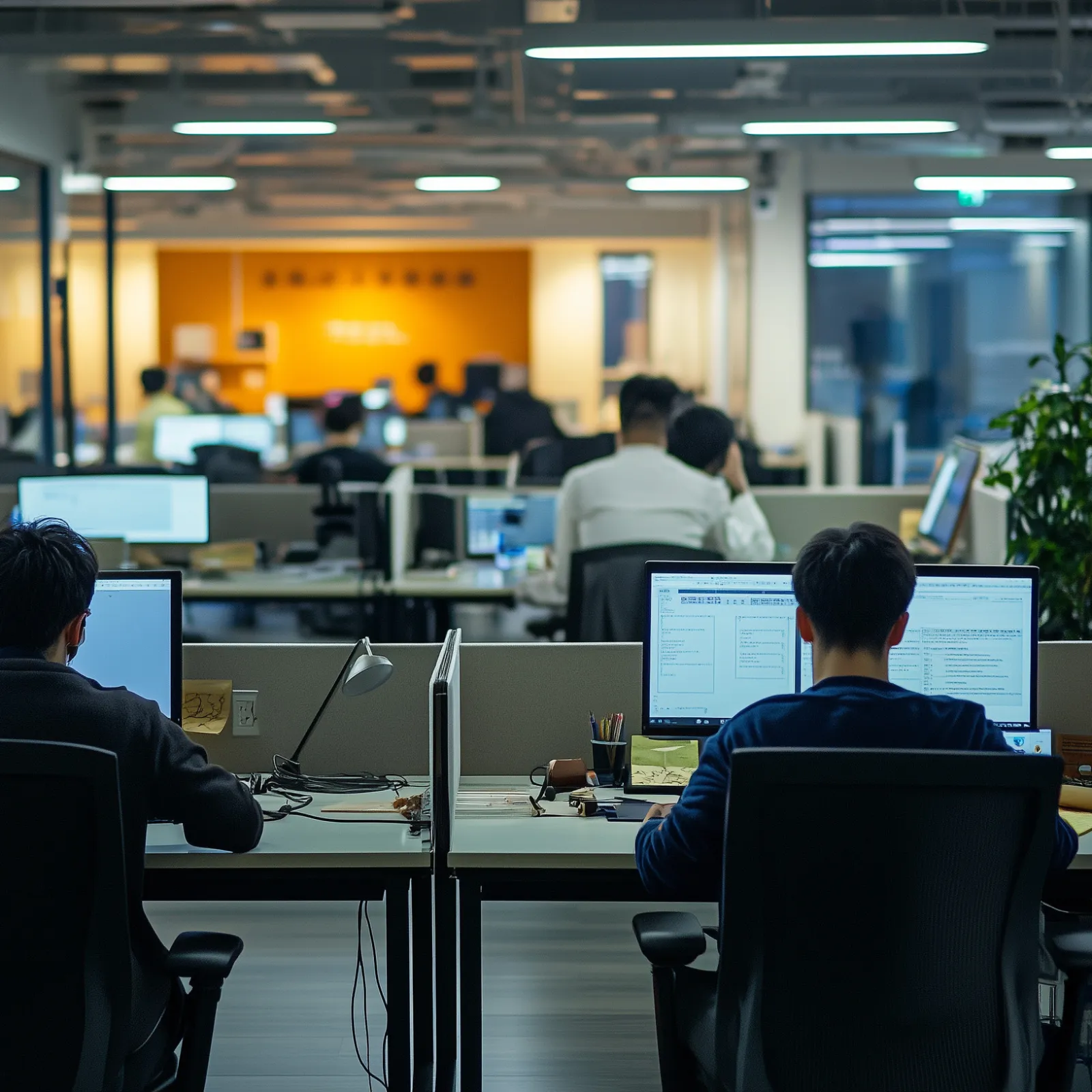 Employees working on computers in a modern open-plan office with ambient lighting and office plants.