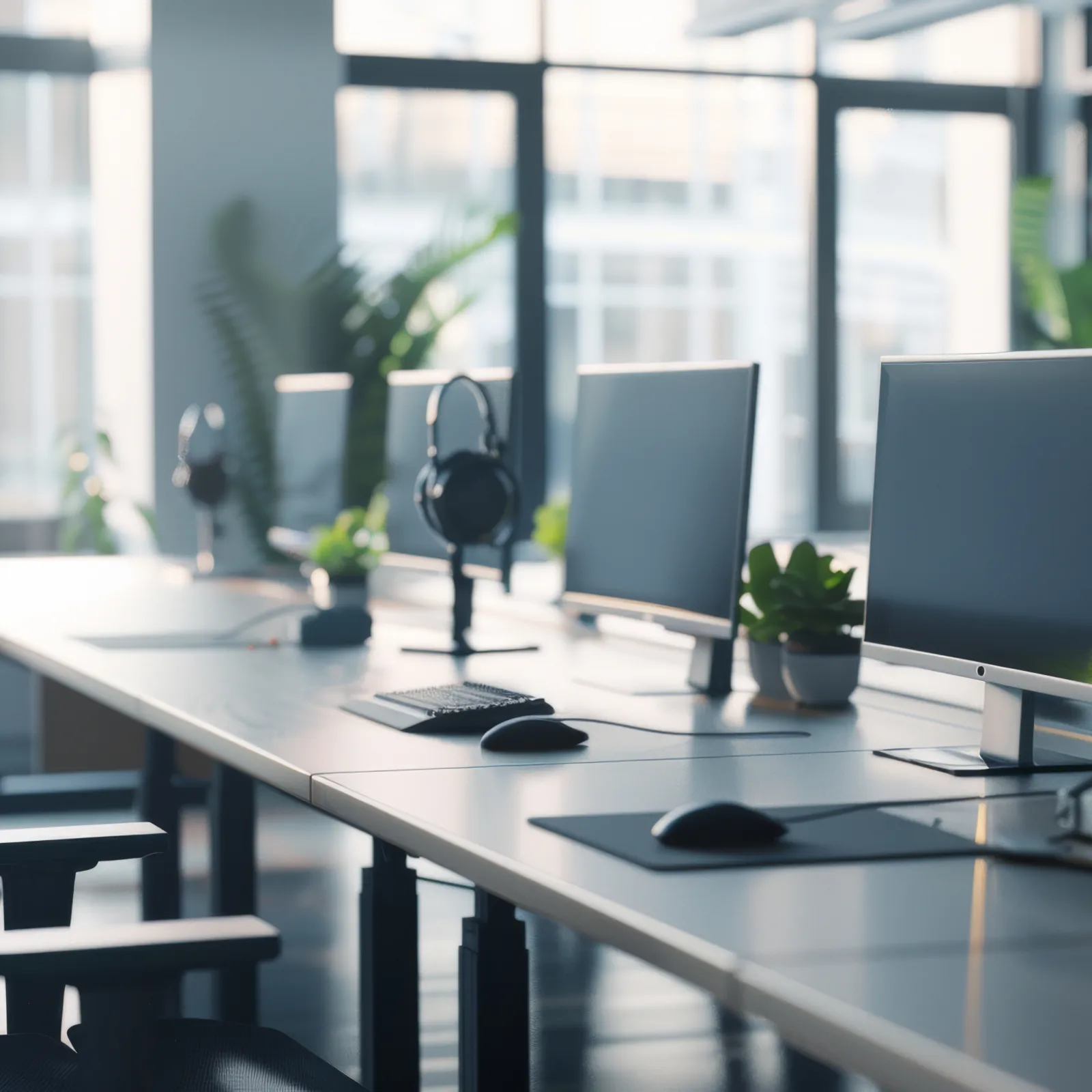 Modern office desks with computers, headphones, and potted plants in a bright, spacious workspace.