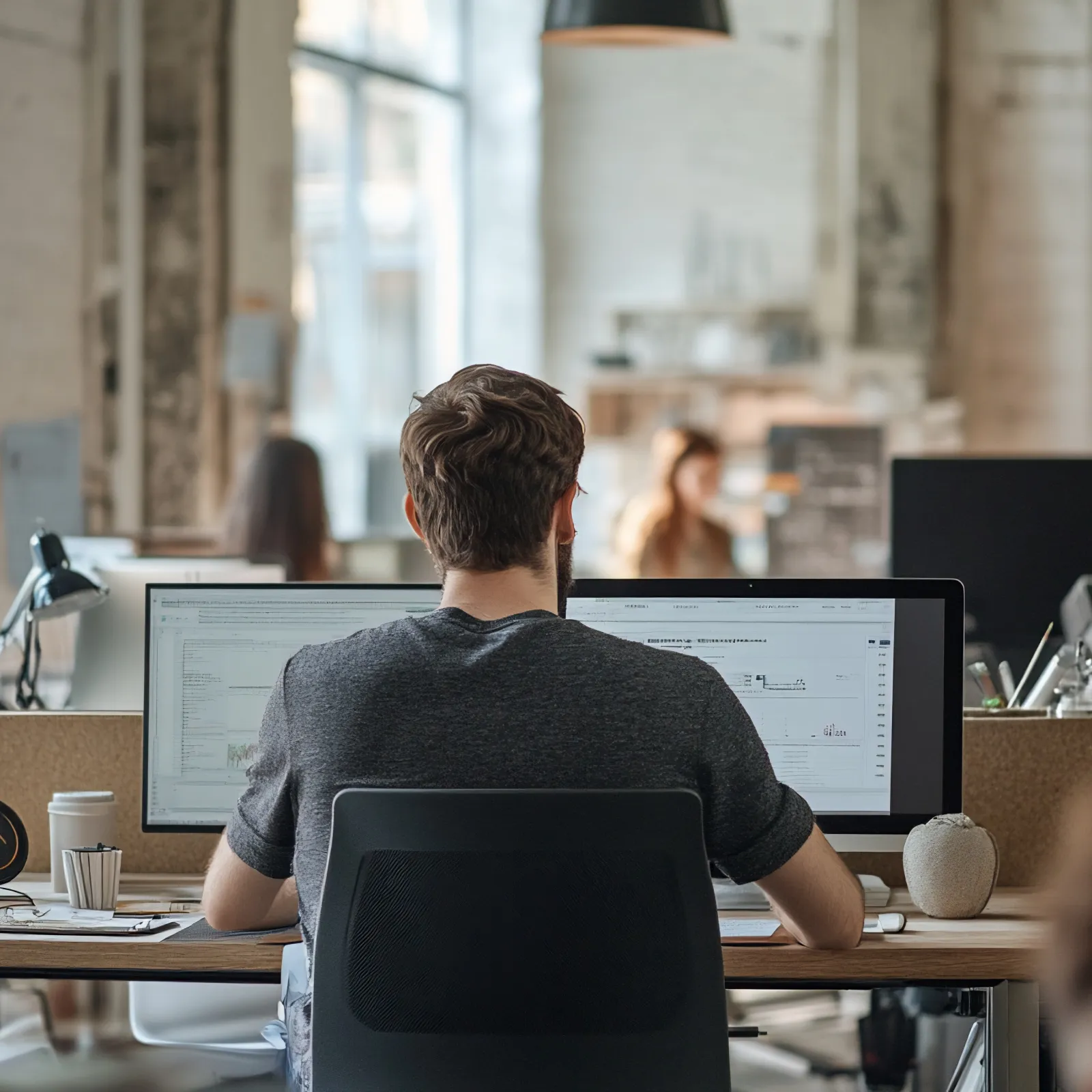 Person working on computer with graphs in a modern open office with colleagues and plants around.