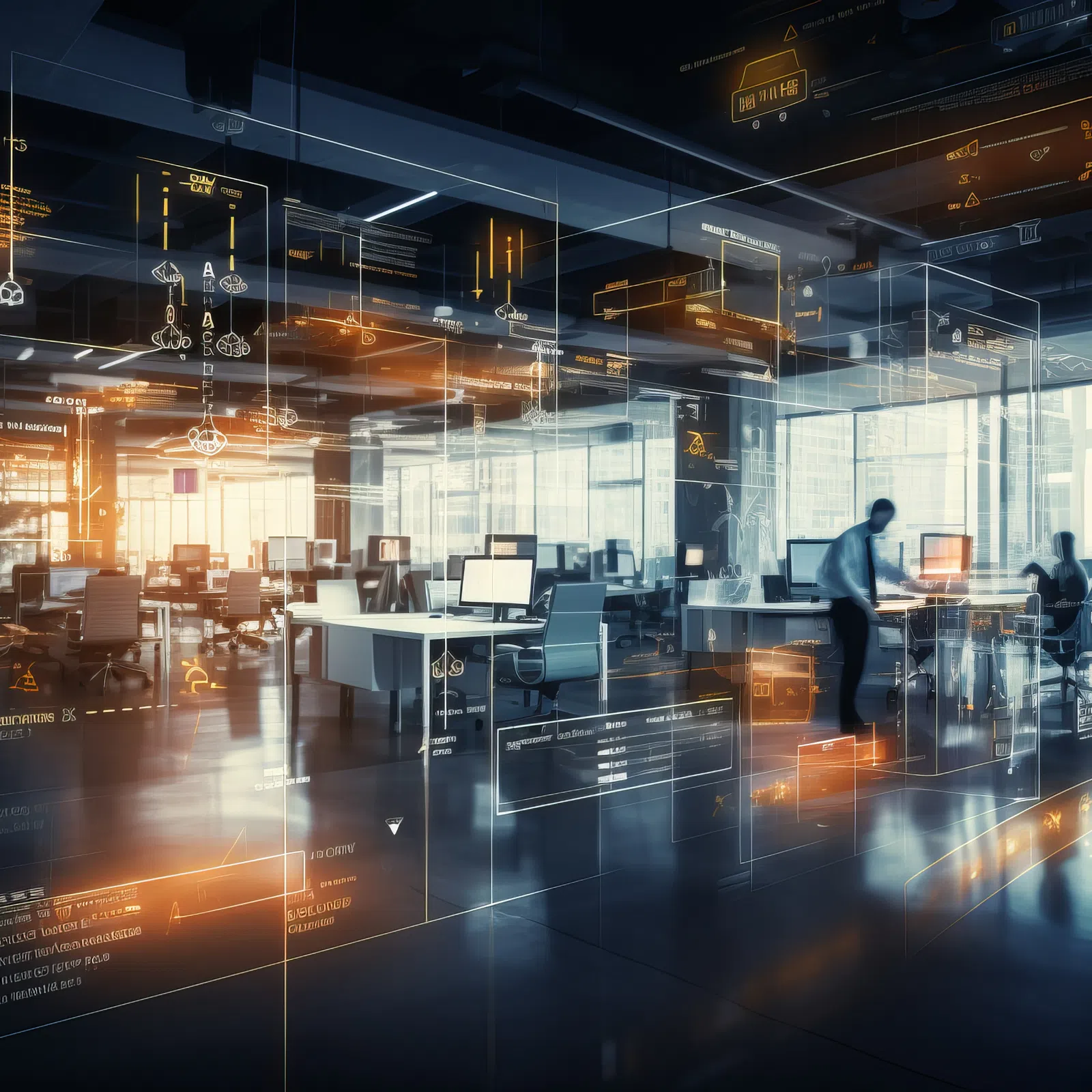 Futuristic office with transparent digital interfaces and people working collaboratively in a high-tech environment