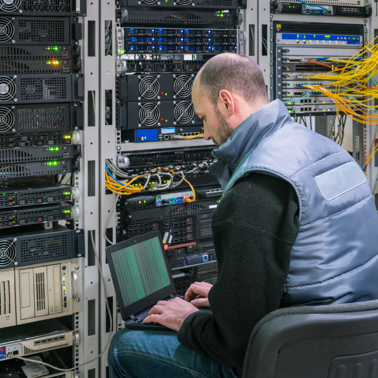 a man working on a laptop in a network closet