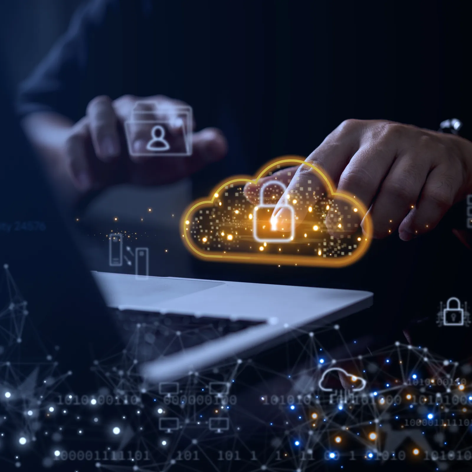 Hands interacting with a laptop and digital cloud security icons representing data protection and cybersecurity.