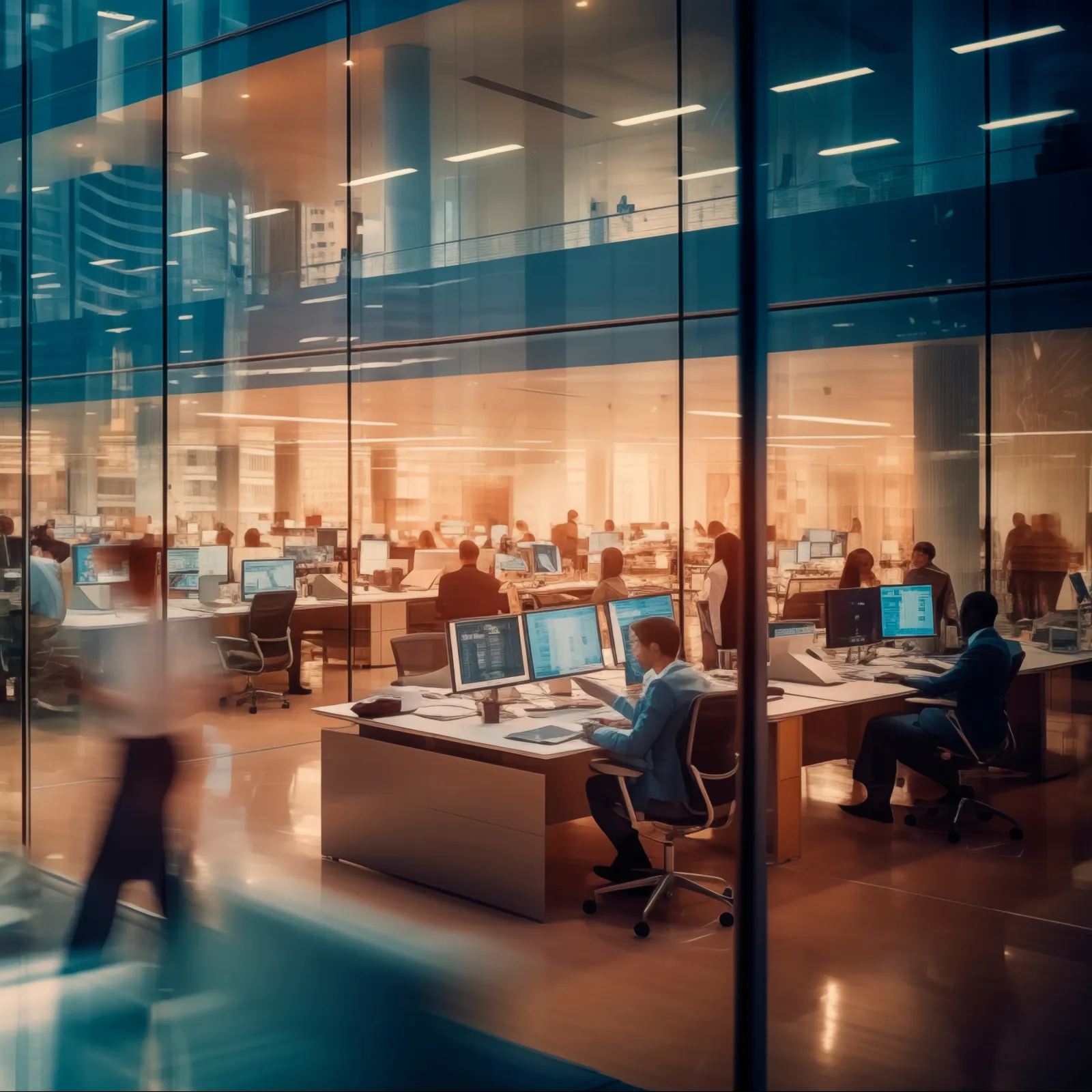 Modern open office with employees working at desks, seen through glass walls, during evening hours.