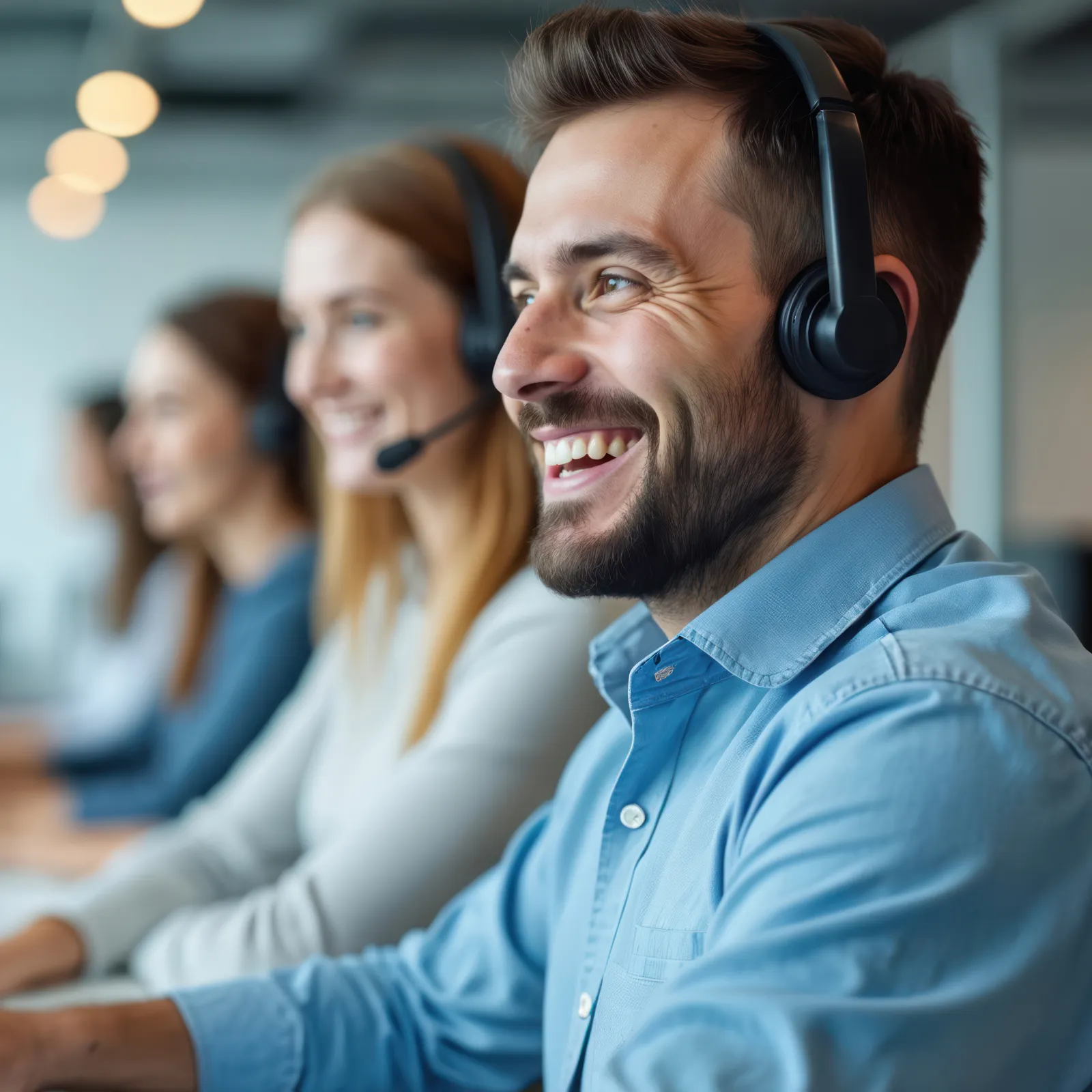 Smiling customer support team wearing headsets working on computers in a modern office environment.