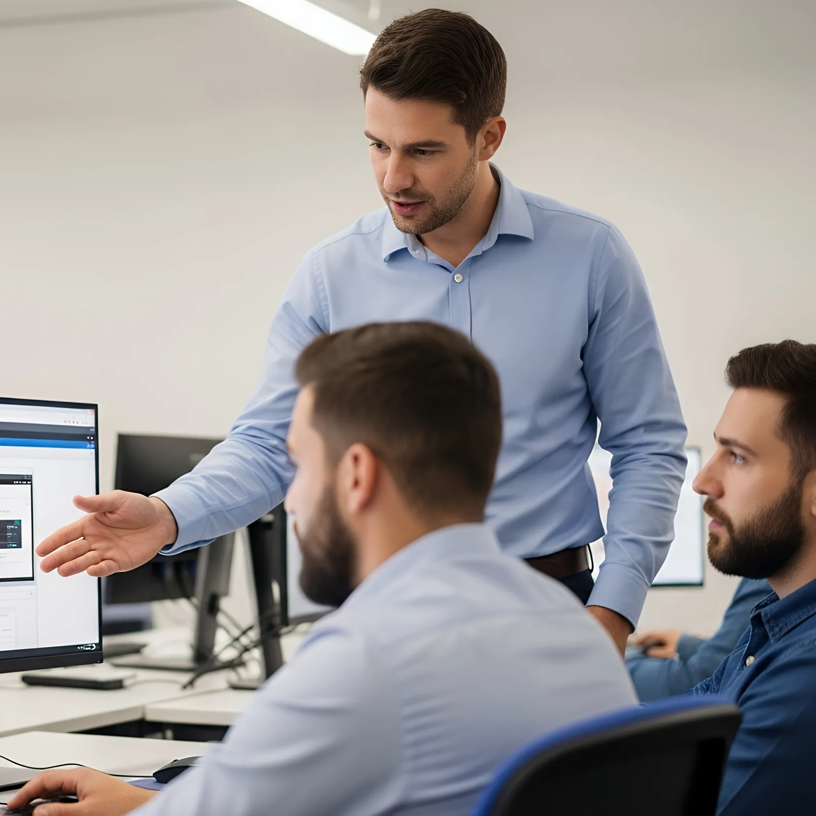 Tech professionals collaborating over dual monitors displaying software development in a modern office environment.