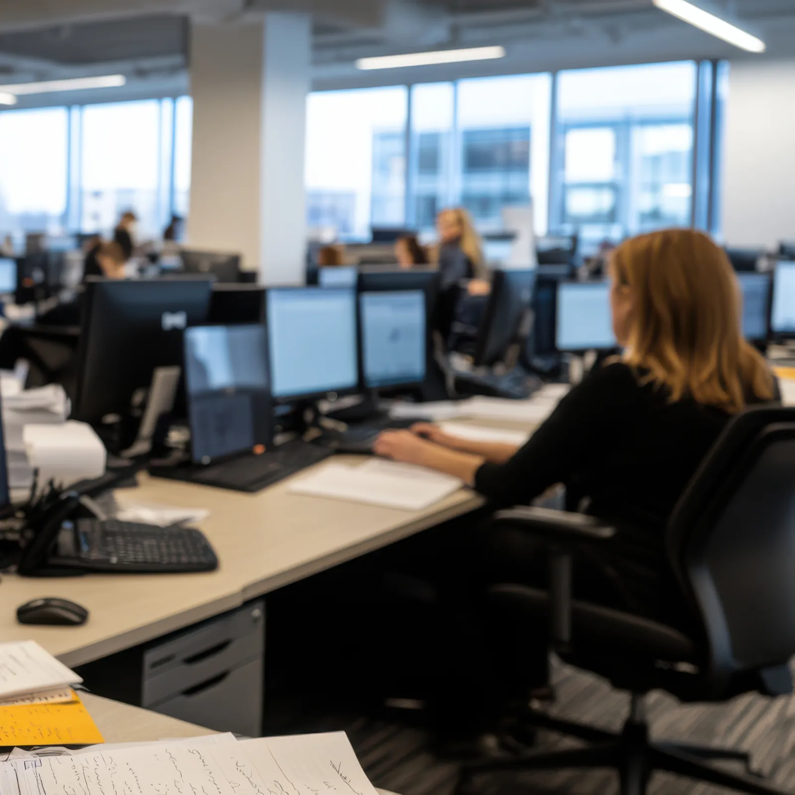 Large stacks of paper documents piled high on an office desk with employees working at computers in the background