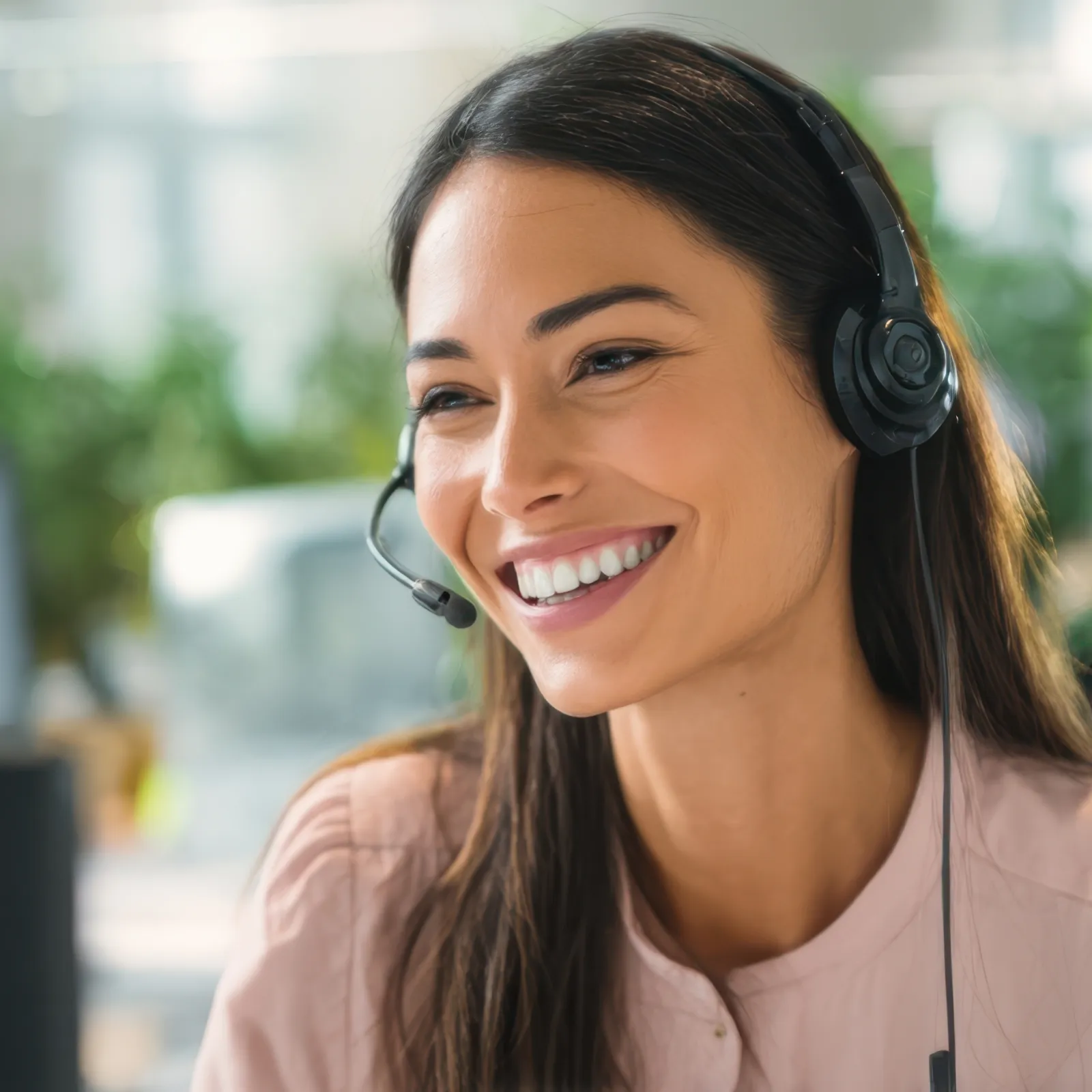 Smiling woman wearing headset working at computer in a bright office with plants in background.