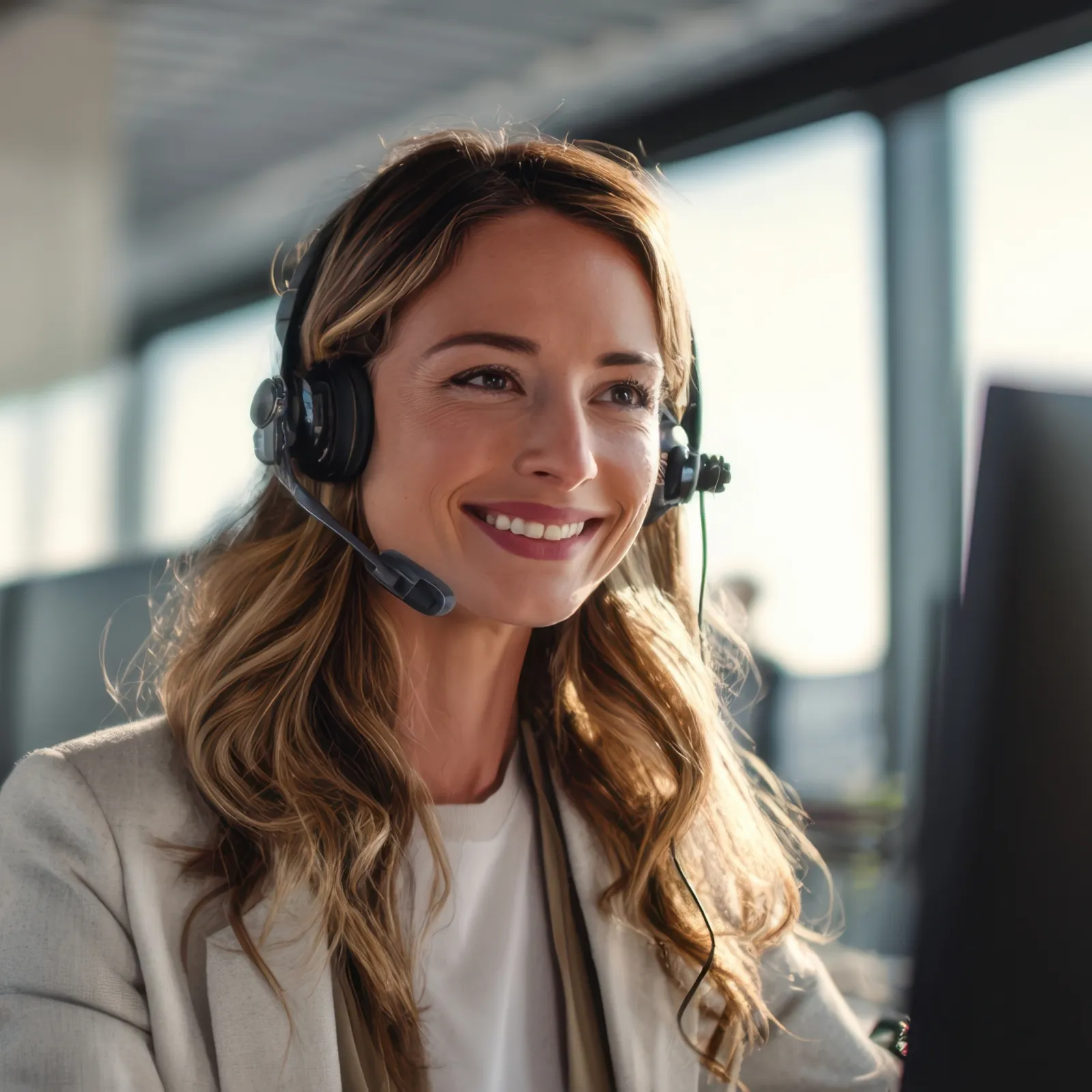 Smiling female customer service agent wearing a headset working at computer in modern office environment.