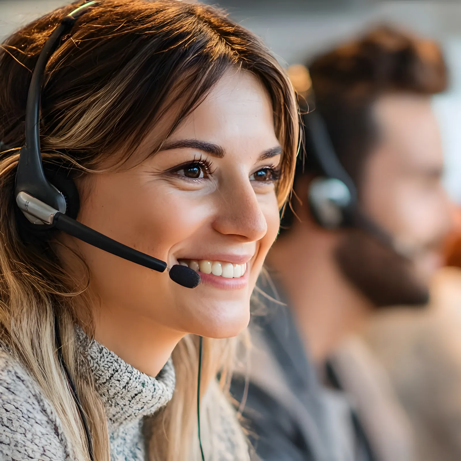 Smiling female customer service representative wearing headset in a busy office environment with colleagues.