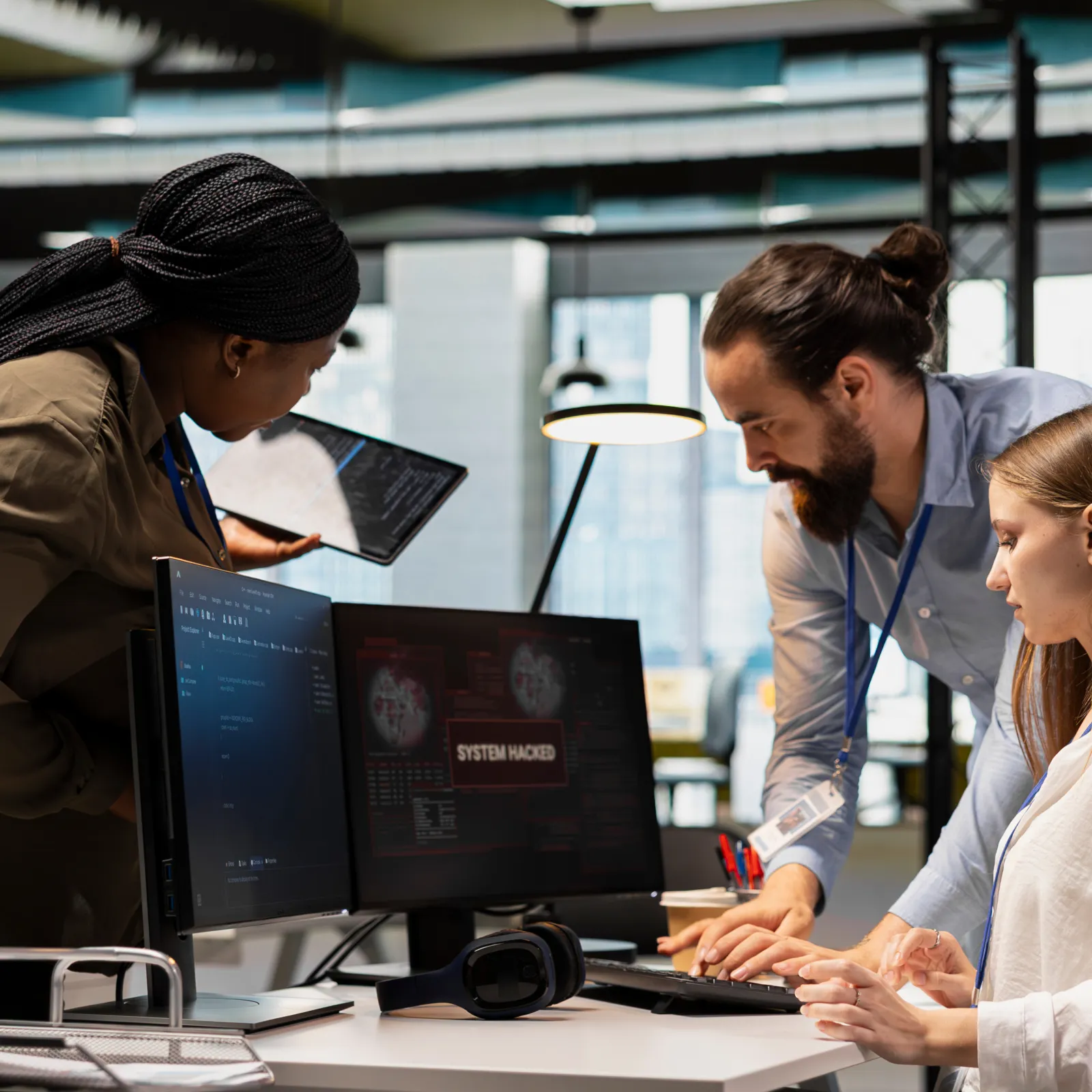 Smiling customer support representative with headset working at desk in a bright modern office environment