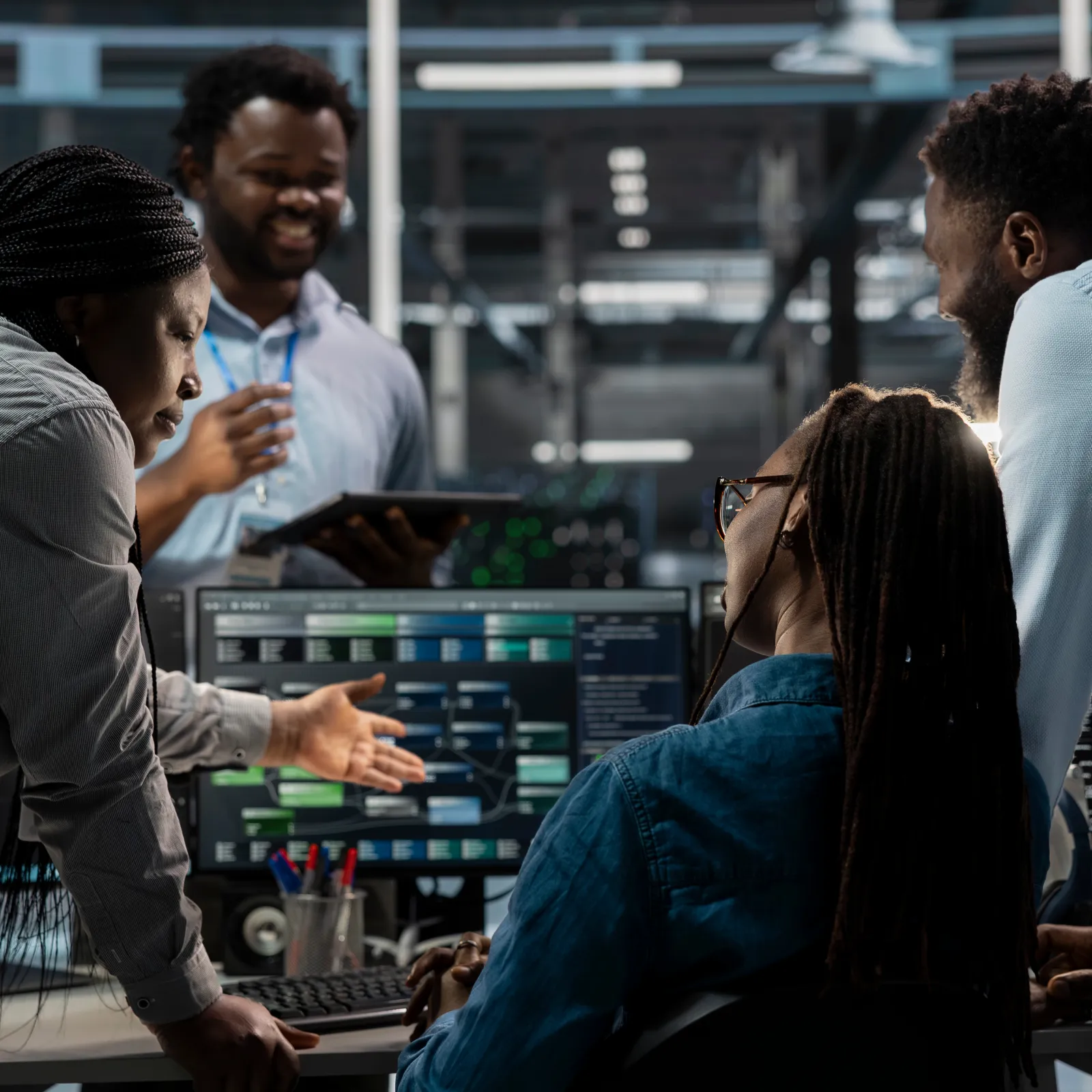 Team of four IT professionals collaborating around computer monitors in a modern office environment.