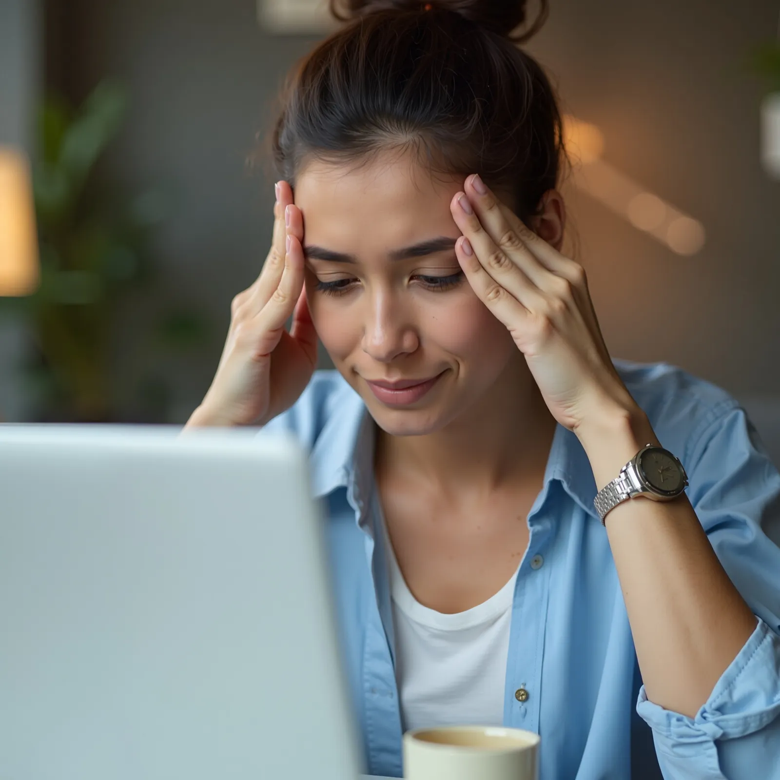 Stressed woman with hands on temples looking at laptop screen in cozy home setting with warm lighting.