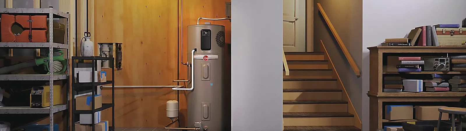 Clean basement with water heater, shelving units, tiled floor, and wooden stairs leading to an upper level.