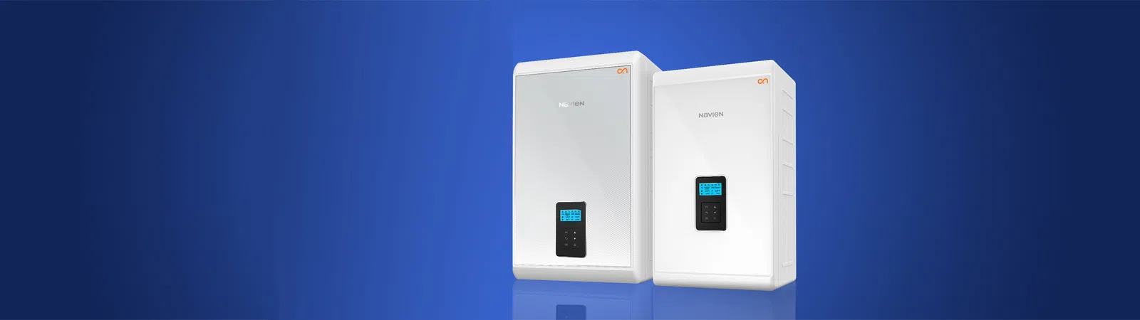 Two white solar inverters with digital displays standing against a blue background.