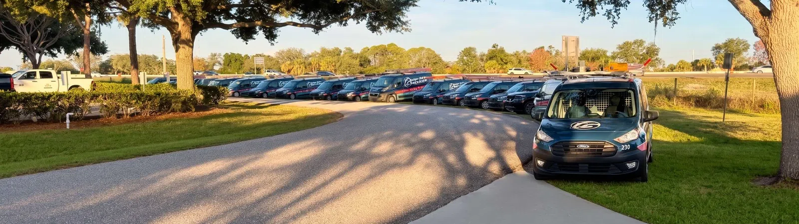 A row of parked company vans under trees on a sunny day with shadows on the road and green grass.