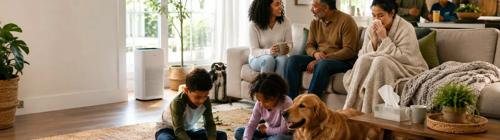 Multigenerational family enjoying time together in a cozy living room with children playing and pets nearby