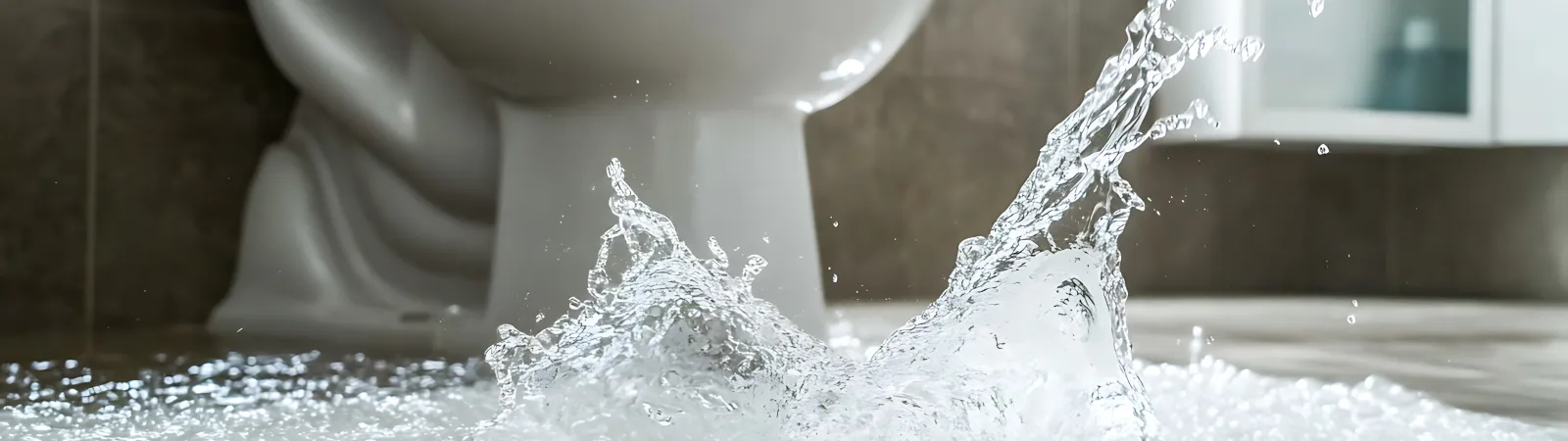 Water flooding bathroom floor near toilet, causing large splash and pooling on tiles.