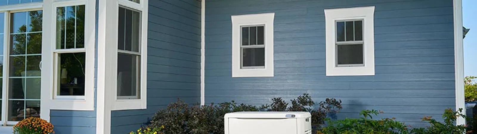 Home exterior featuring a Generac generator beside a blue house with landscaping and windows.