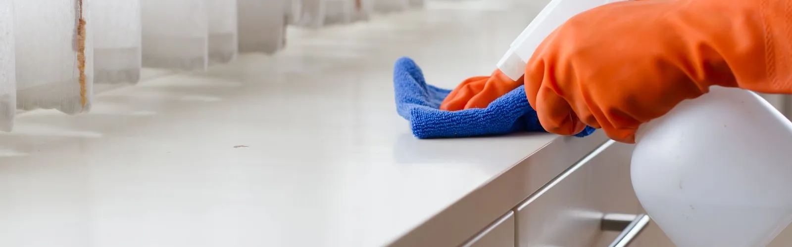 a person cleaning a counter