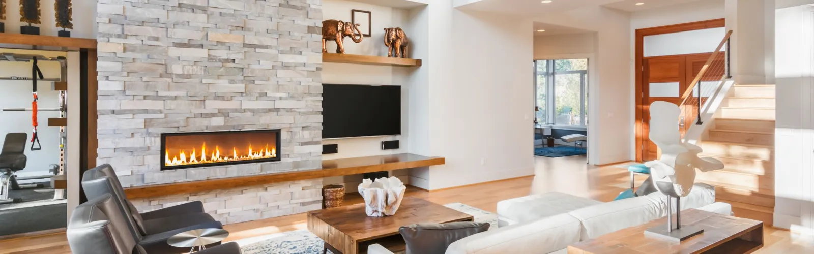 a living room with a fireplace