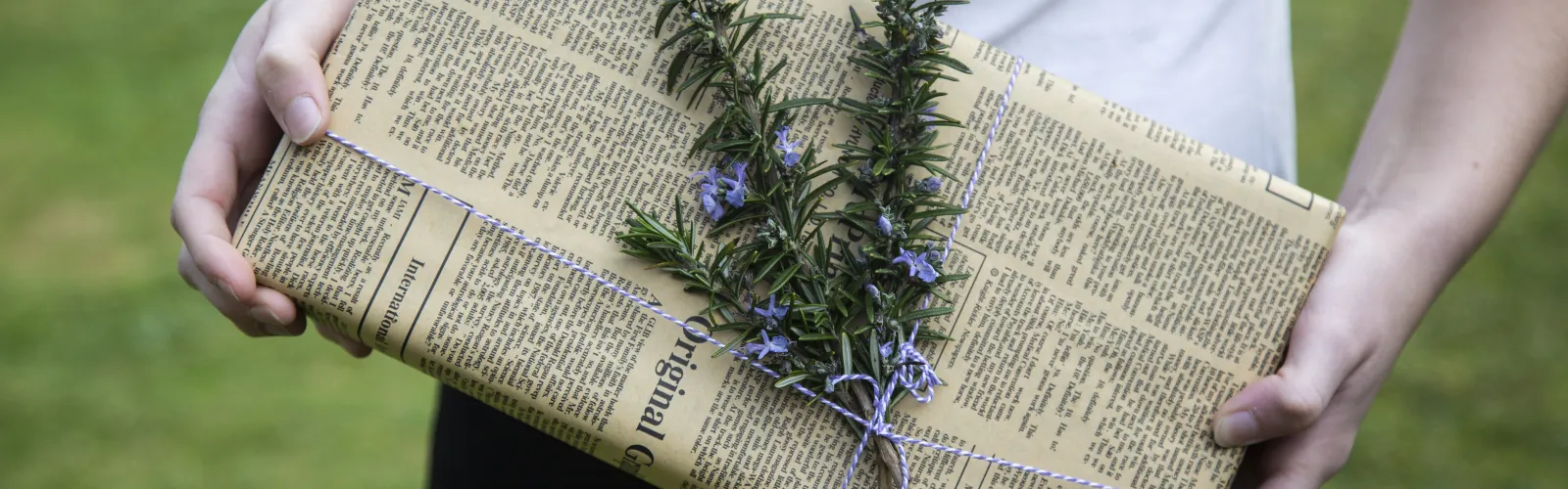 Gift with newspaper gift wrap on springs on rosemary