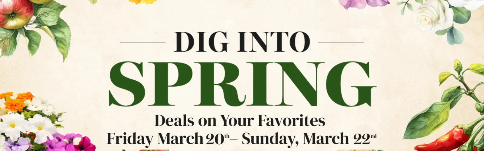 Spring sale banner with flowers, fruits, and vegetables promoting deals from March 20 to March 22.