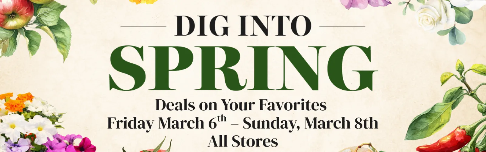 Spring sale announcement with flowers, fruits, and vegetables promoting deals from March 6 to March 8.