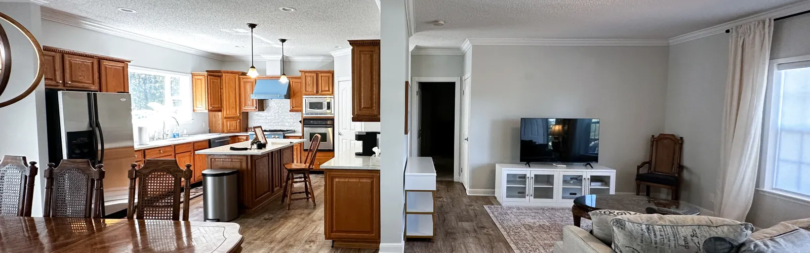 a living room with a fireplace