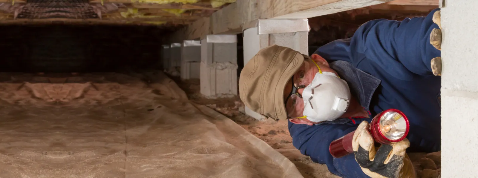 man laying on the ground, in a crawl space, holding a flashlight