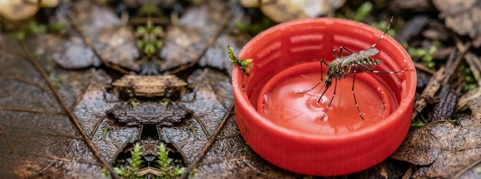 Mosquito drinking water from a red plastic bottle cap on wet forest floor with leaves and moss.