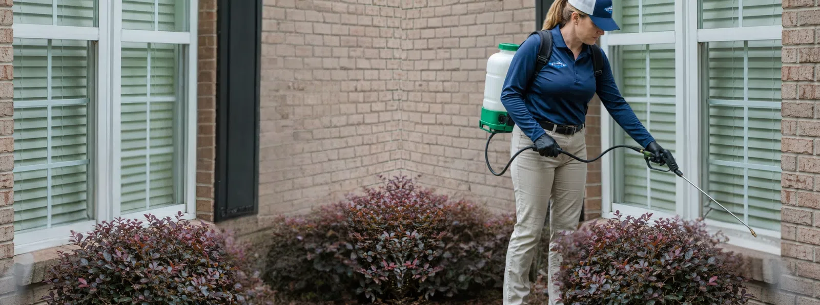 Woman wearing a cap and uniform spraying pesticide on bushes outside a brick house with windows.