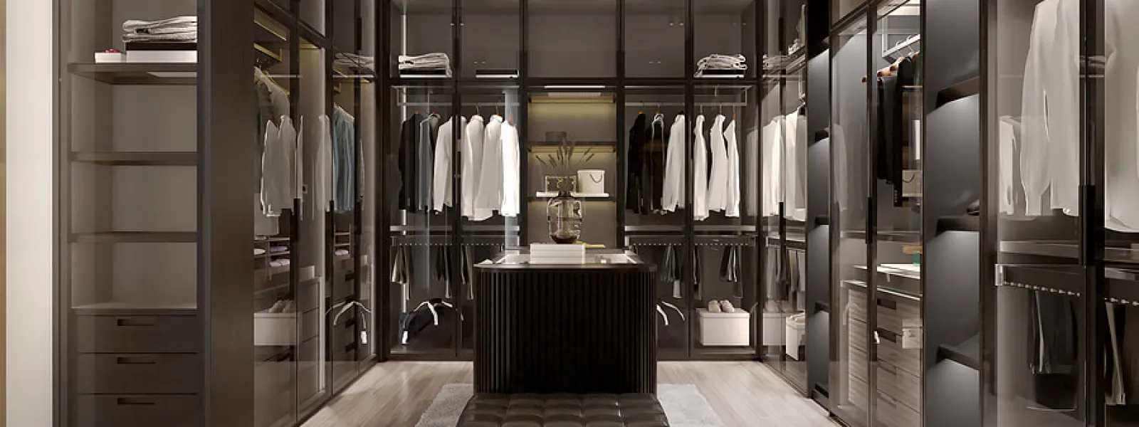 a room with a large display of clothing