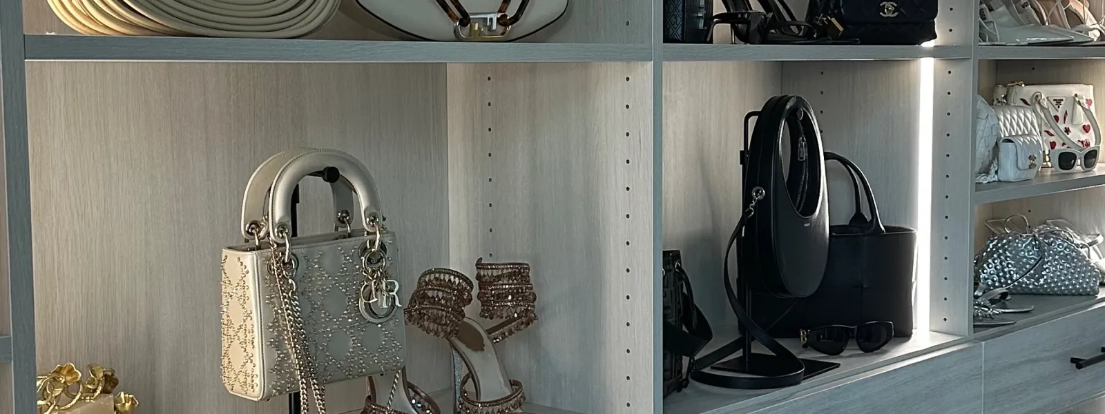 a shelf with shoes on it