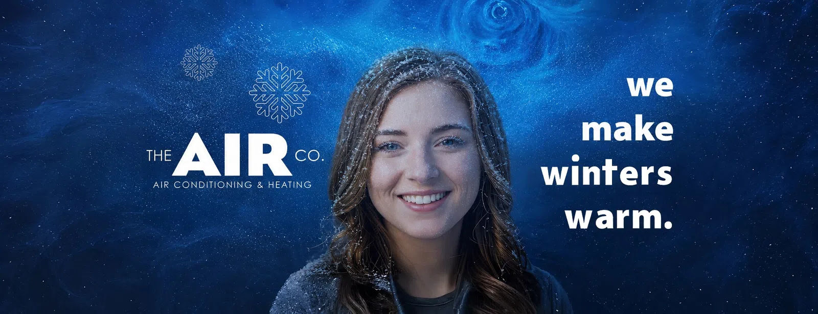 Smiling woman with snow on hair against blue background with overlaid text we make winters warm and company logo.