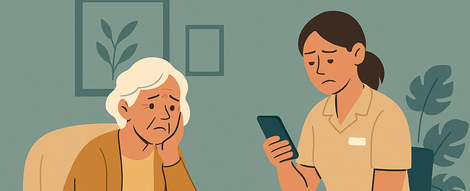 Sad elderly woman and concerned caregiver sitting, with caregiver holding a phone in a calm room setting.