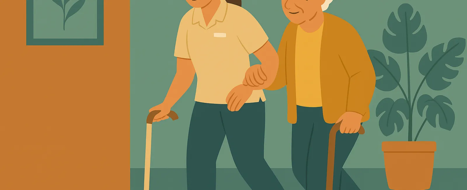 Caregiver assisting elderly woman with walking sticks indoors near plant and wall art.