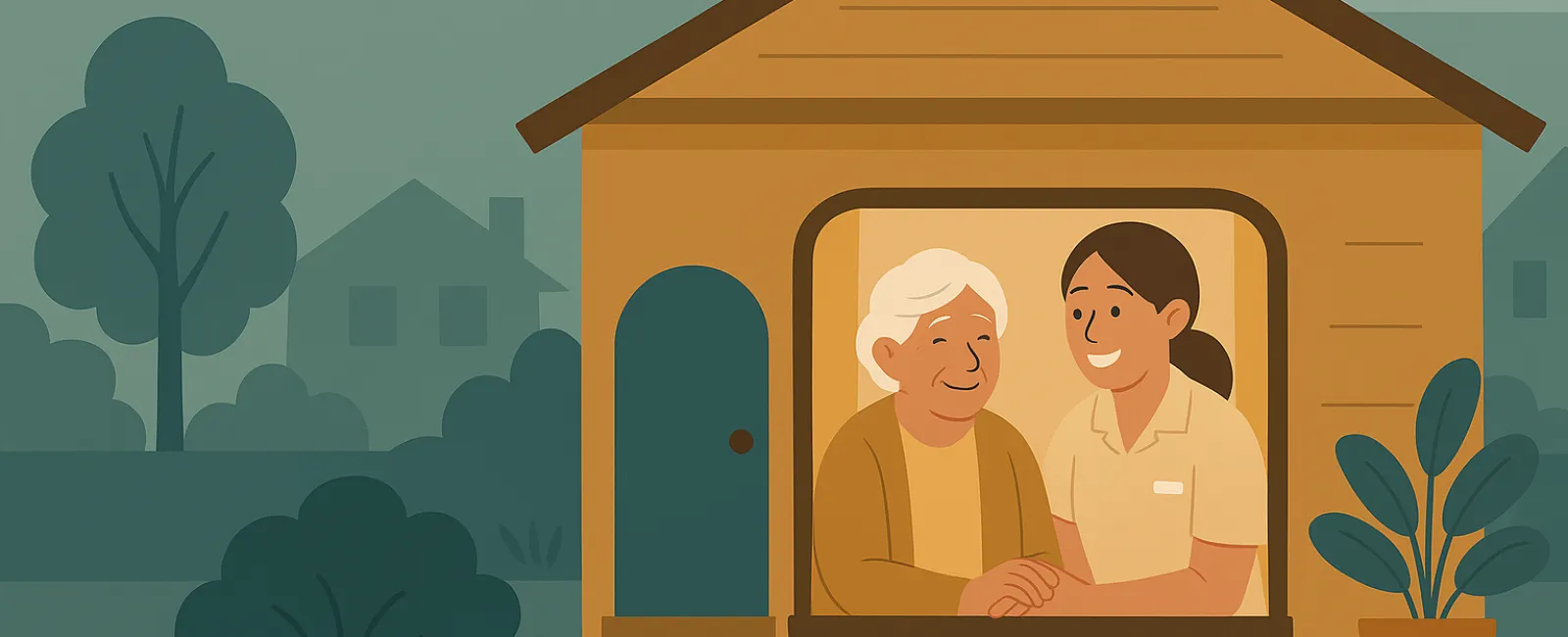 Caregiver and elderly woman smiling together inside a cozy home window with plants outside in a neighborhood.