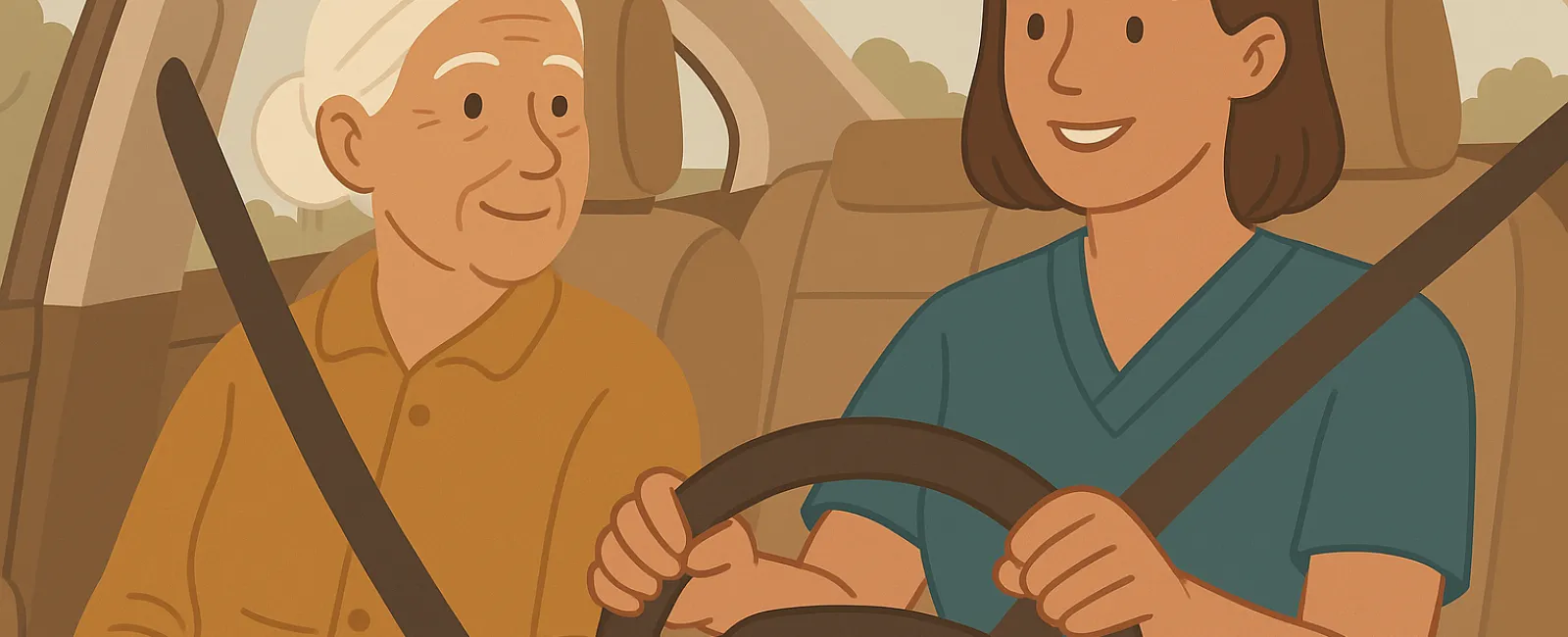 Young woman driving a car with an elderly woman sitting in the passenger seat, both wearing seat belts.