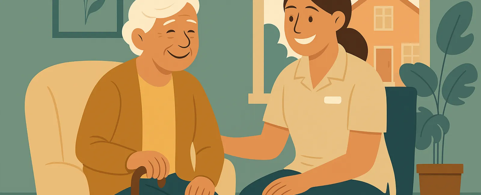Caregiver smiling and sitting with elderly person using a cane in a cozy home setting with plants and window.