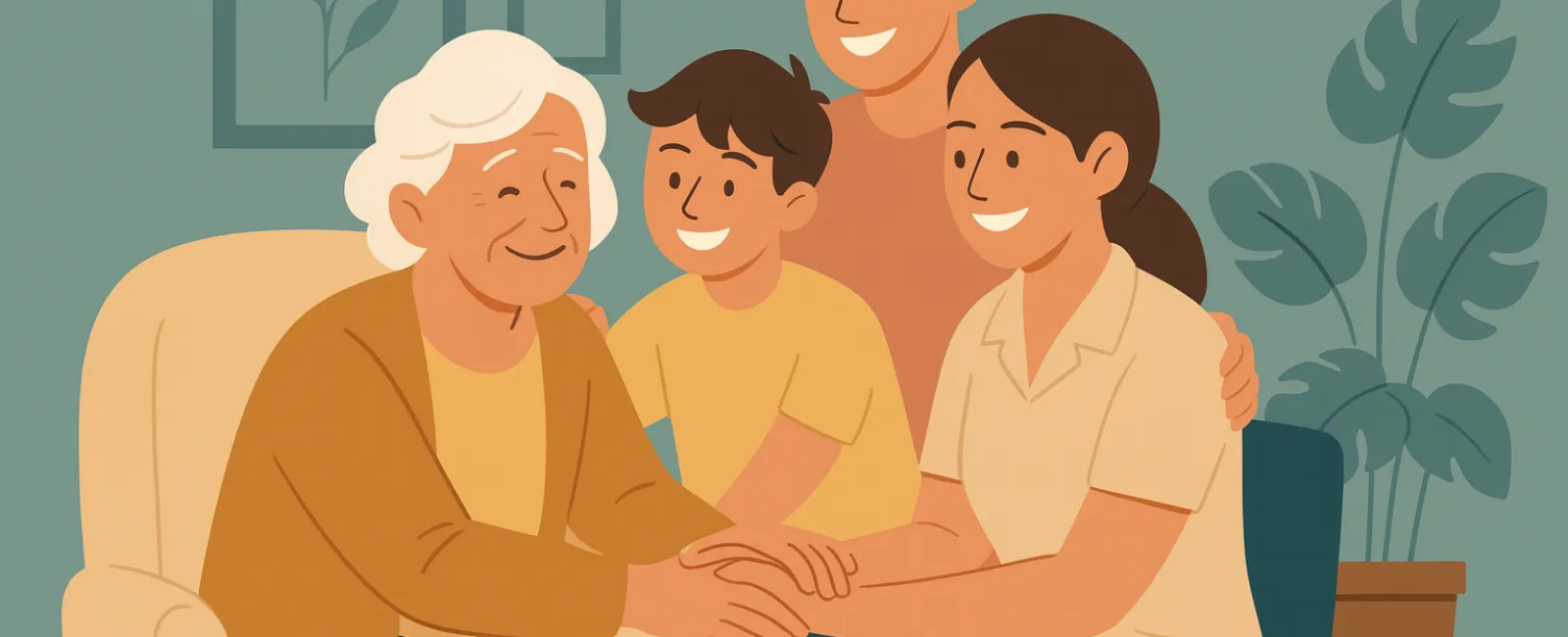 Smiling family of four warmly interacting with their elderly grandmother in a cozy living room setting.